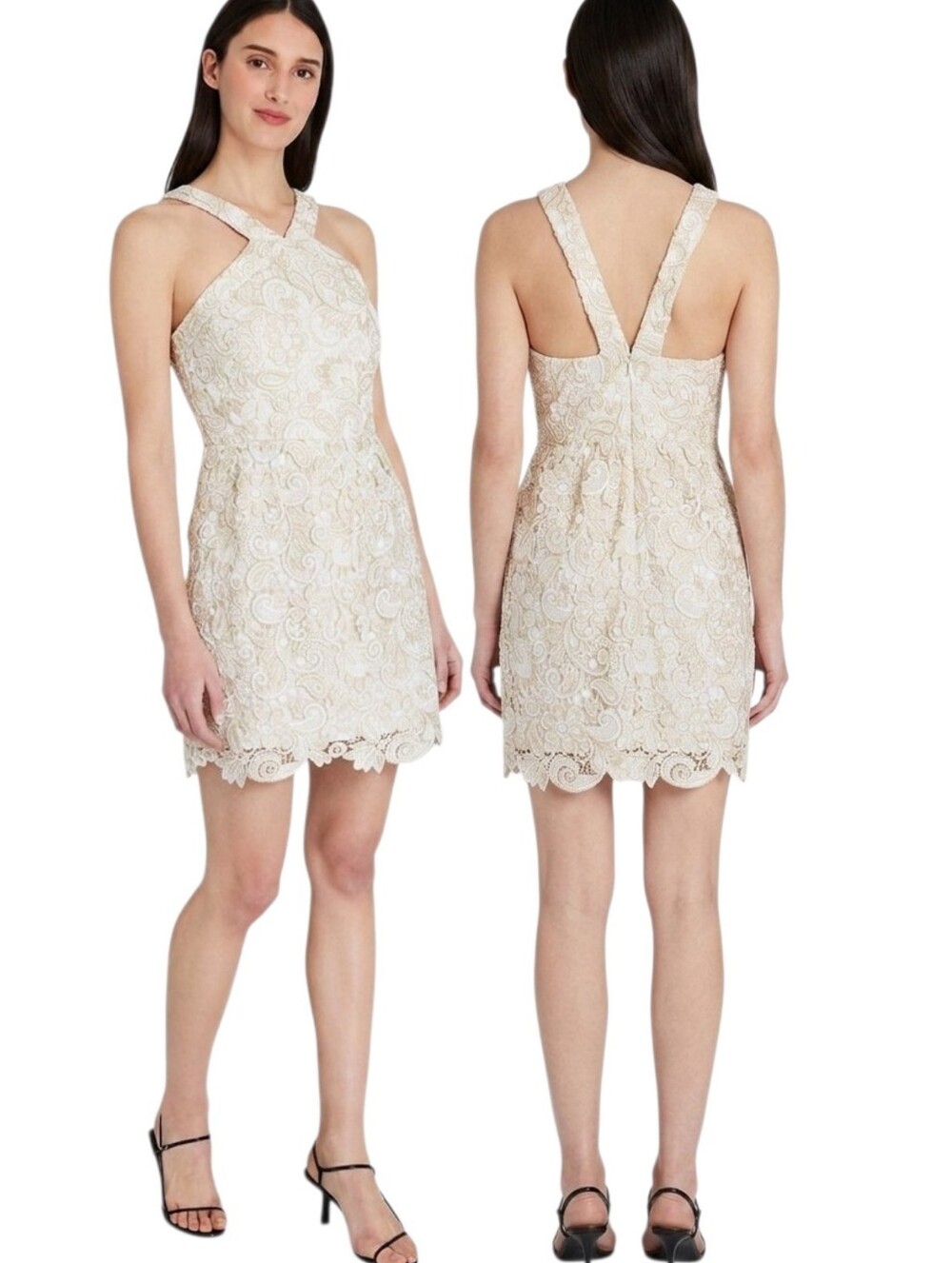 CLUB MONACO "Doina" Cream & Gold  Lace Halter Dress - Size 10